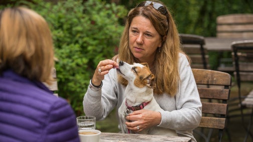 Visitors with a dog sat outside the café at Basildon Park, Berkshire